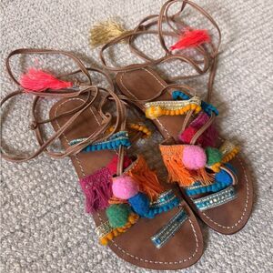 Greek Bohemian Embroidered Leather Sandals with Pom Poms & Tassels